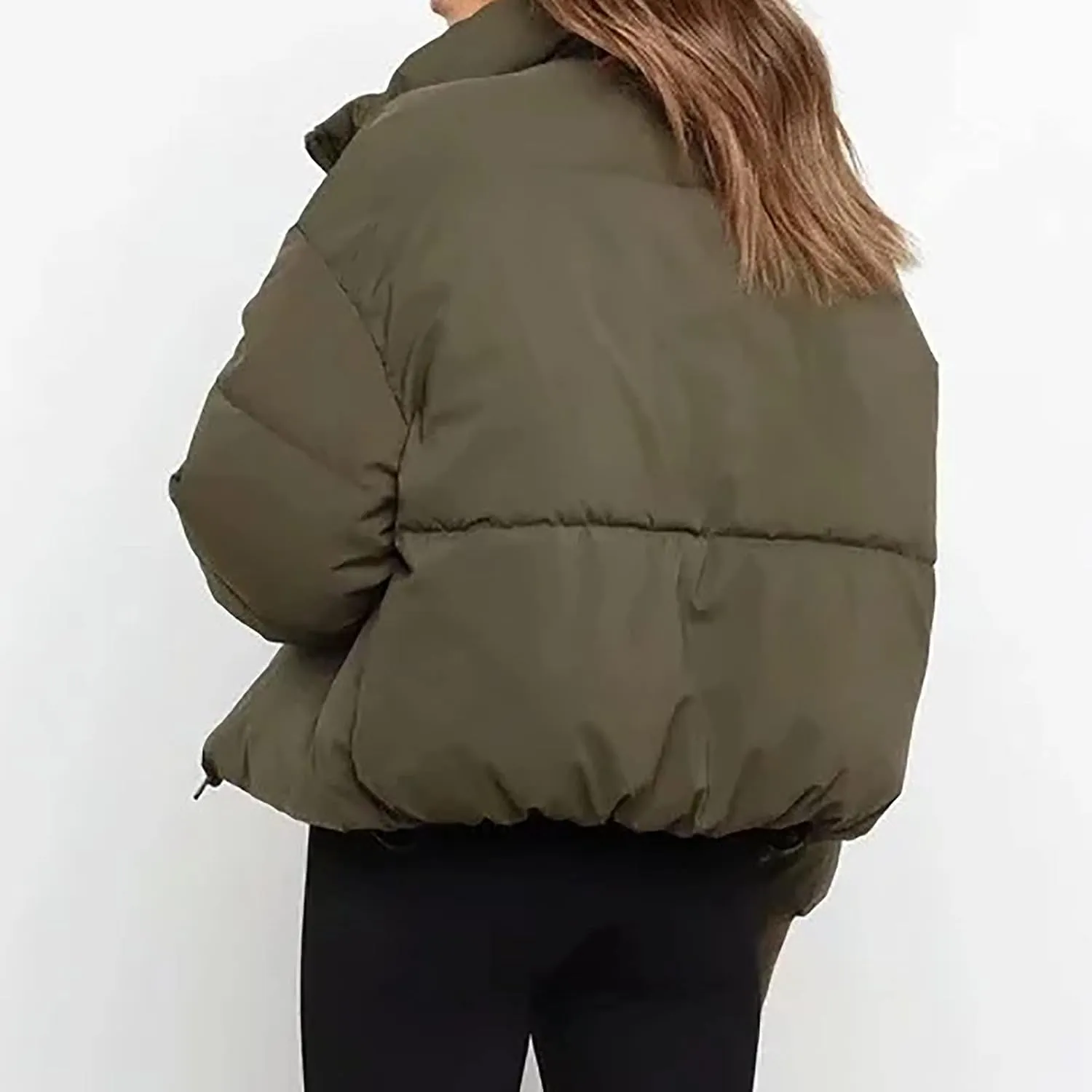 Women's Winter Short Puffer Down Jacket Coat Ladies Fashion Solid Long Sleeve Full Zipper Baggy Padded Outerwear