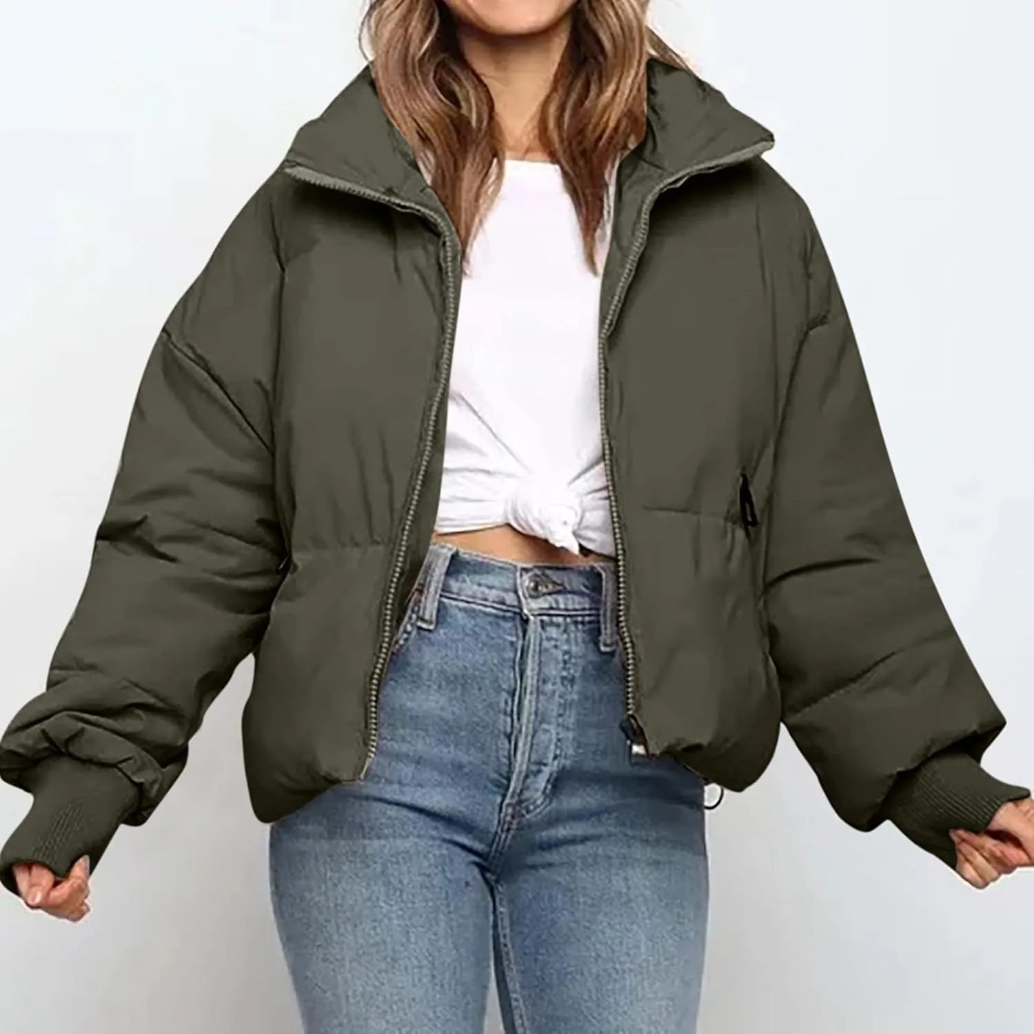 Women's Winter Short Puffer Down Jacket Coat Ladies Fashion Solid Long Sleeve Full Zipper Baggy Padded Outerwear