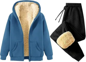 Womens Winter Tracksuits Fleece Sherpa Lined Zip Up Hoodies Thick Warm Lamb Woolen Jogger Pants Sweatsuit