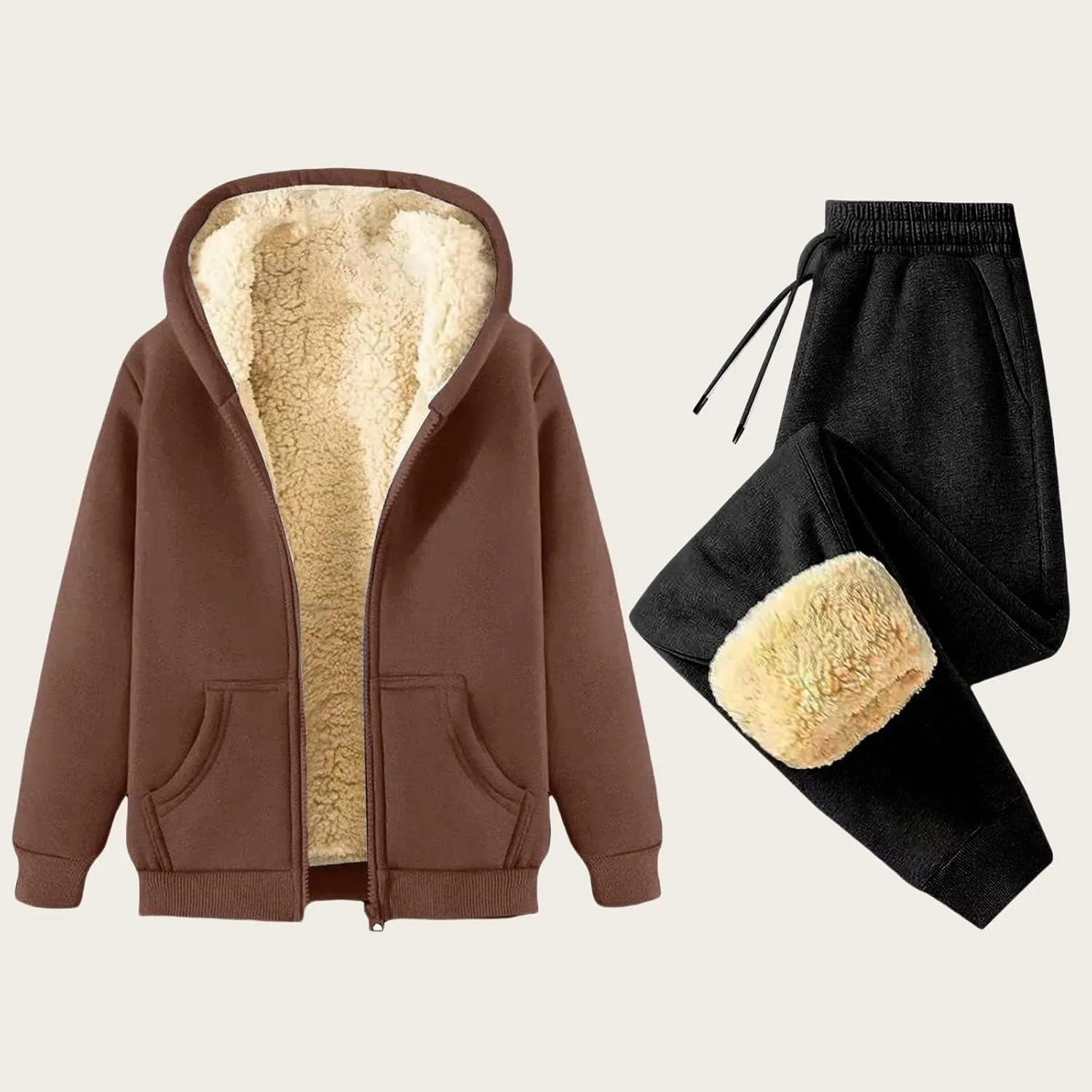 Womens Winter Tracksuits Fleece Sherpa Lined Zip Up Hoodies Thick Warm Lamb Woolen Jogger Pants Sweatsuit