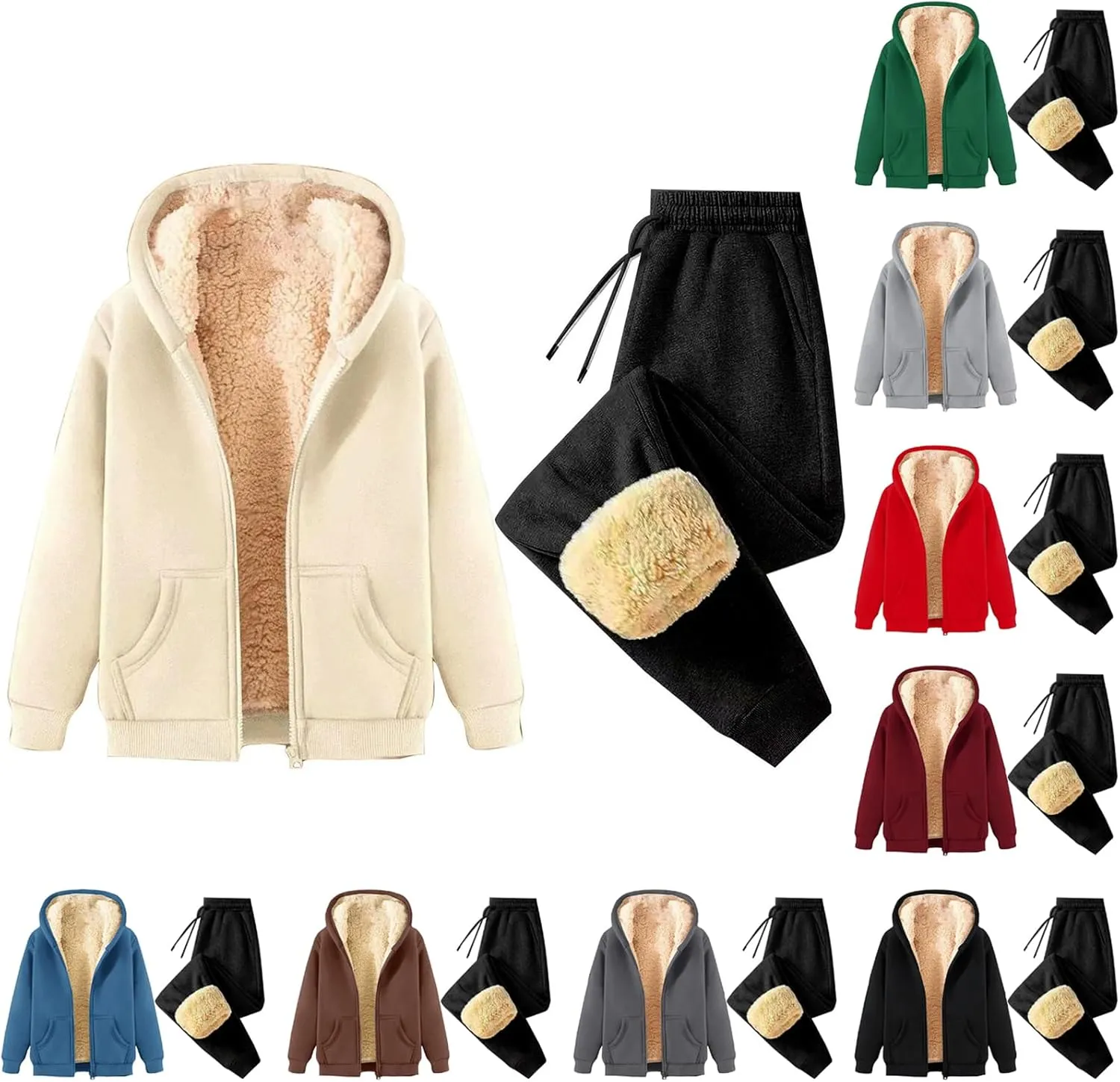Womens Winter Tracksuits Fleece Sherpa Lined Zip Up Hoodies Thick Warm Lamb Woolen Jogger Pants Sweatsuit