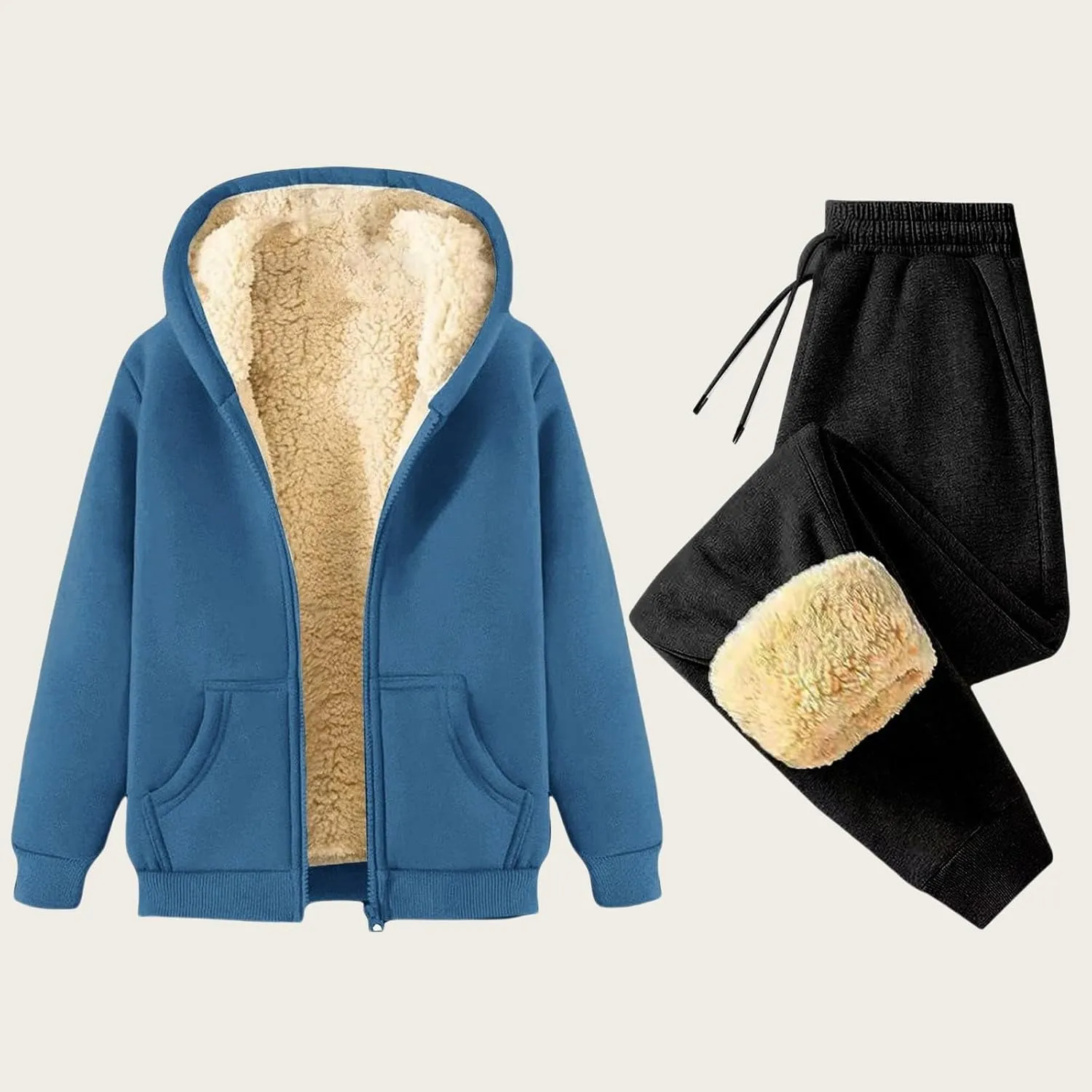 Womens Winter Tracksuits Fleece Sherpa Lined Zip Up Hoodies Thick Warm Lamb Woolen Jogger Pants Sweatsuit