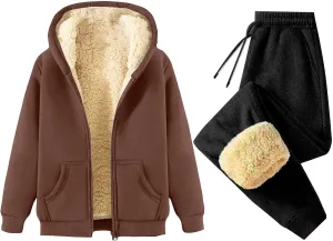 Womens Winter Tracksuits Fleece Sherpa Lined Zip Up Hoodies Thick Warm Lamb Woolen Jogger Pants Sweatsuit