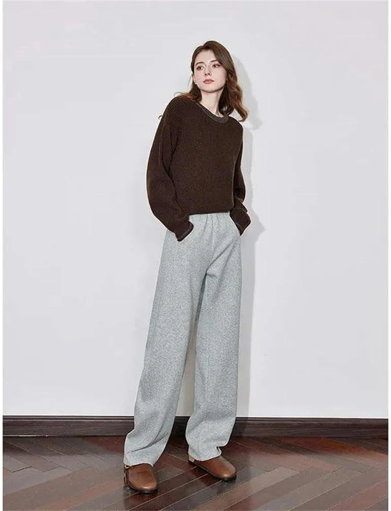 Women's Wool Casual Sweatpants for Autumn and Winter Elastic Waist Thickened Wide-Leg Solid Color Trousers
