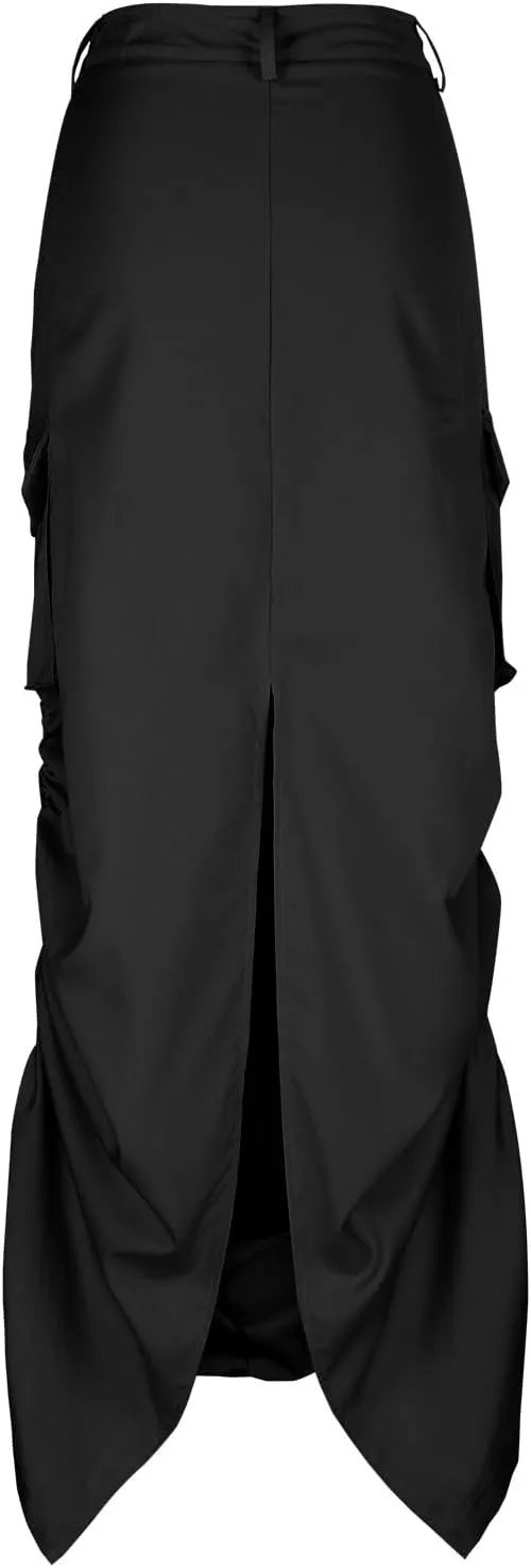 Women's Y2K Cargo Long Skirts Low Waist Drawstring Slit Maxi Skirt Ruched Girls Vintage Streetwear with Cargo Pockets