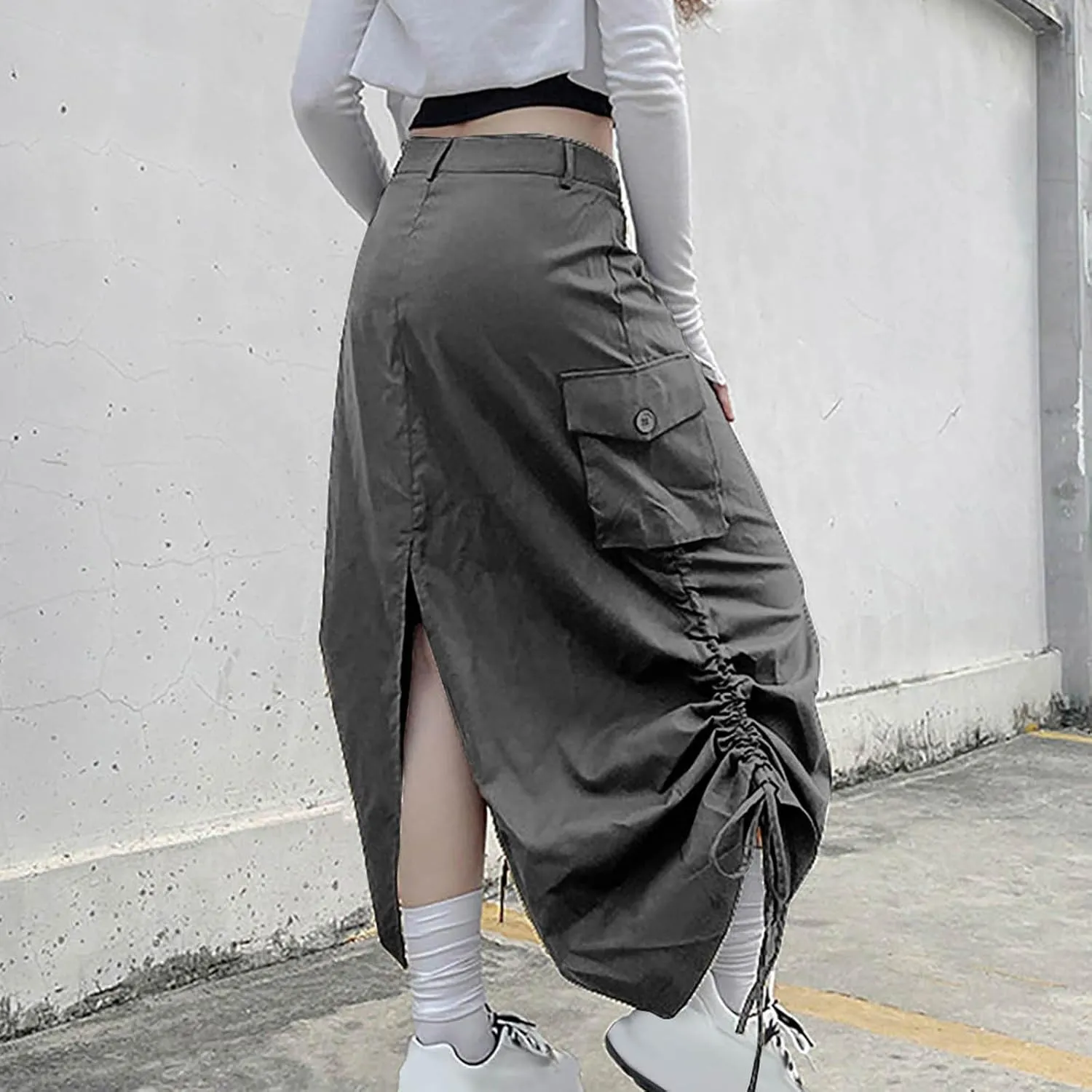 Women's Y2K Cargo Long Skirts Low Waist Drawstring Slit Maxi Skirt Ruched Girls Vintage Streetwear with Cargo Pockets