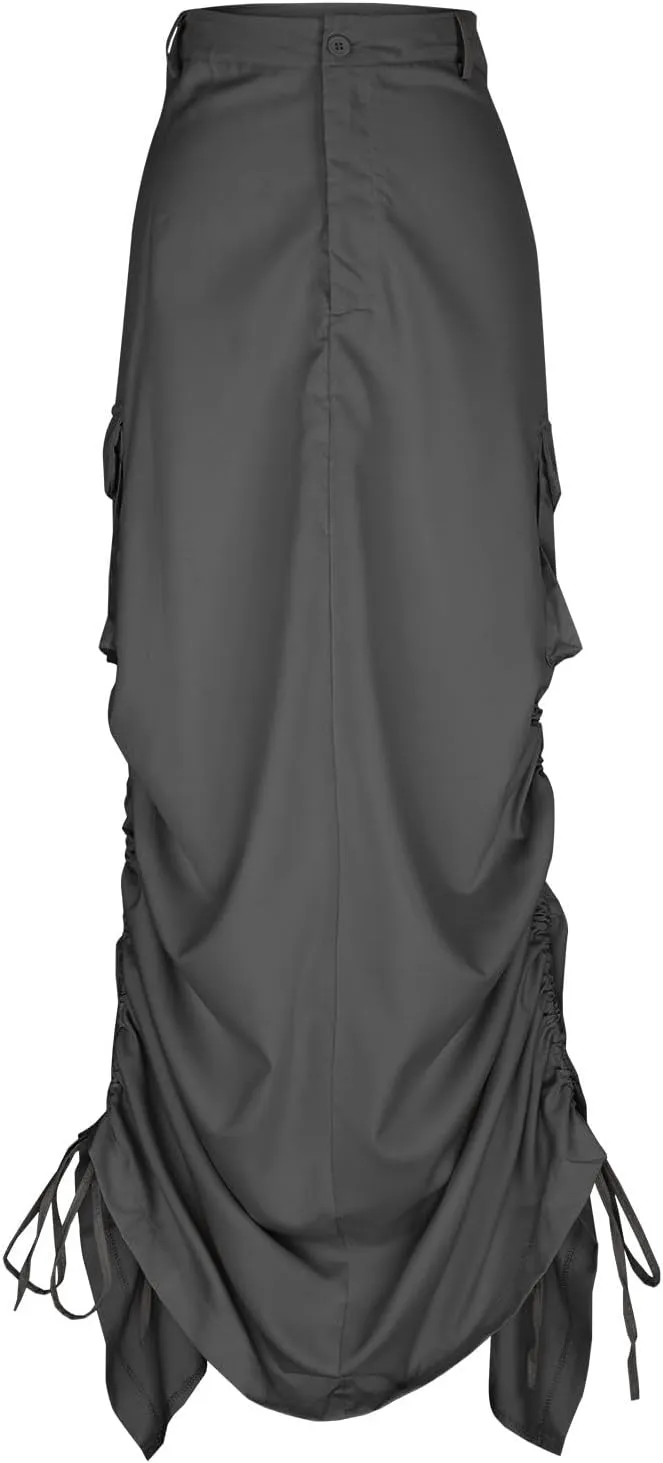 Women's Y2K Cargo Long Skirts Low Waist Drawstring Slit Maxi Skirt Ruched Girls Vintage Streetwear with Cargo Pockets