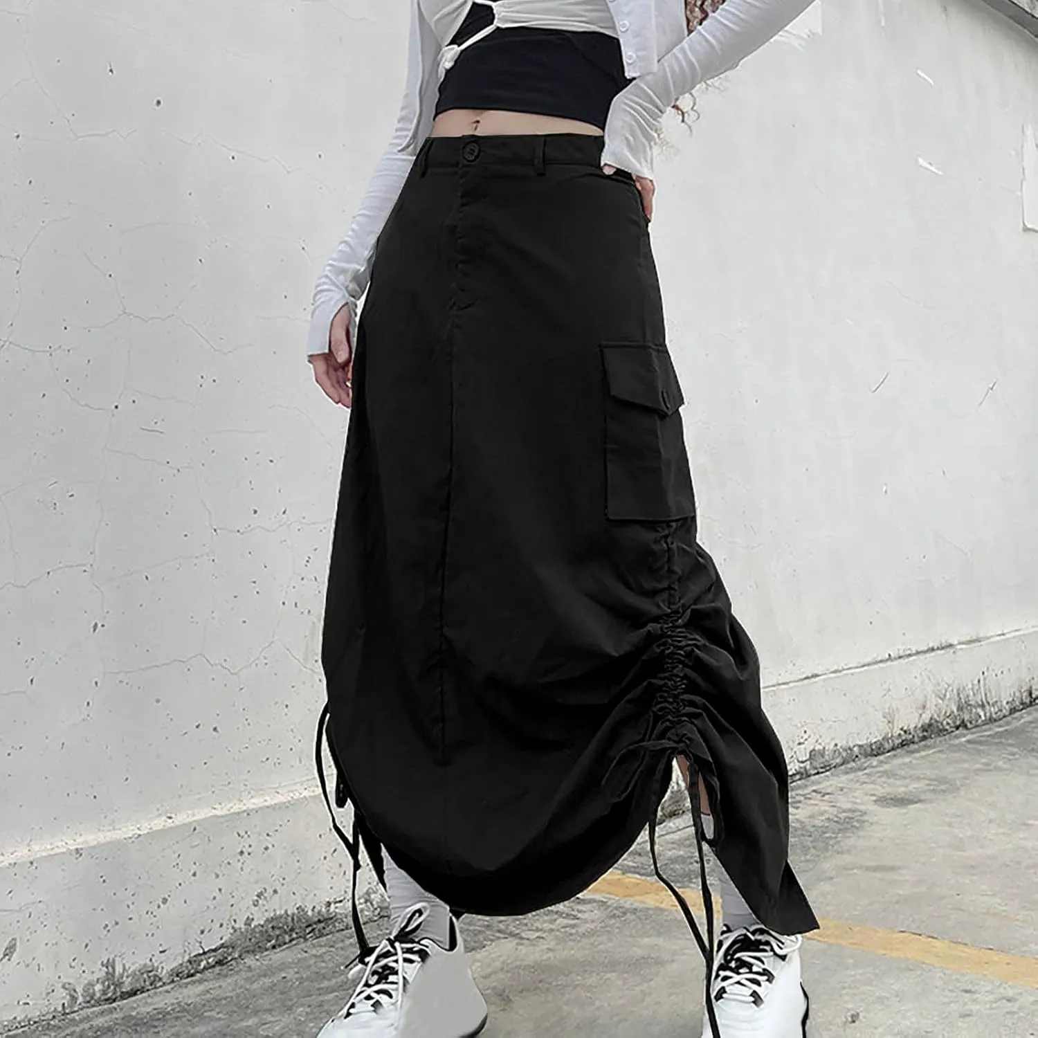 Women's Y2K Cargo Long Skirts Low Waist Drawstring Slit Maxi Skirt Ruched Girls Vintage Streetwear with Cargo Pockets