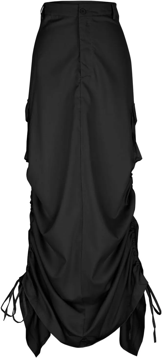 Women's Y2K Cargo Long Skirts Low Waist Drawstring Slit Maxi Skirt Ruched Girls Vintage Streetwear with Cargo Pockets