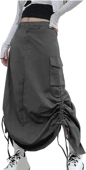 Women's Y2K Cargo Long Skirts Low Waist Drawstring Slit Maxi Skirt Ruched Girls Vintage Streetwear with Cargo Pockets
