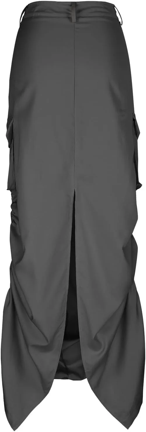 Women's Y2K Cargo Long Skirts Low Waist Drawstring Slit Maxi Skirt Ruched Girls Vintage Streetwear with Cargo Pockets