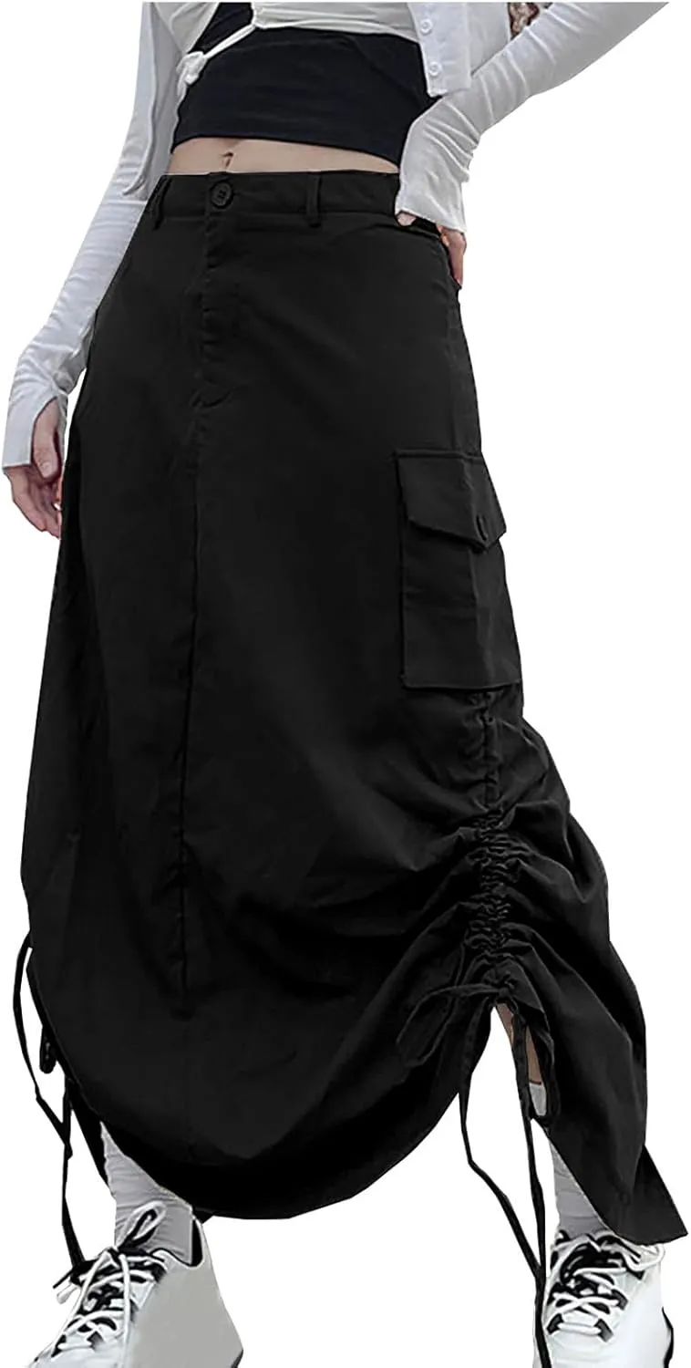 Women's Y2K Cargo Long Skirts Low Waist Drawstring Slit Maxi Skirt Ruched Girls Vintage Streetwear with Cargo Pockets