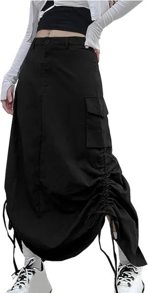 Women's Y2K Cargo Long Skirts Low Waist Drawstring Slit Maxi Skirt Ruched Girls Vintage Streetwear with Cargo Pockets