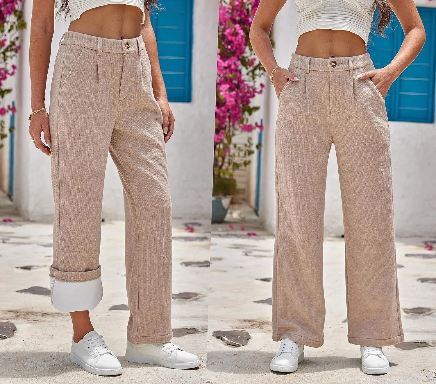 Yehopere Women's Fleece Sherpa Lined Winter Thermal Cashmere Kintted Wide Leg Dressy Warm Pants