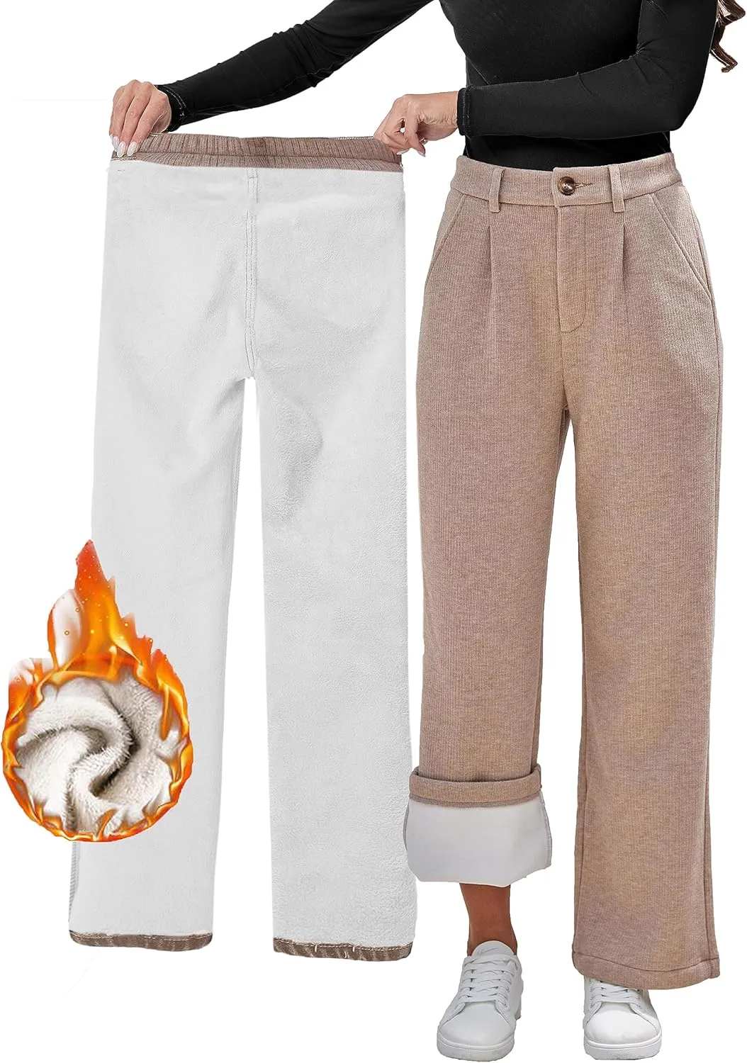 Yehopere Women's Fleece Sherpa Lined Winter Thermal Cashmere Kintted Wide Leg Dressy Warm Pants