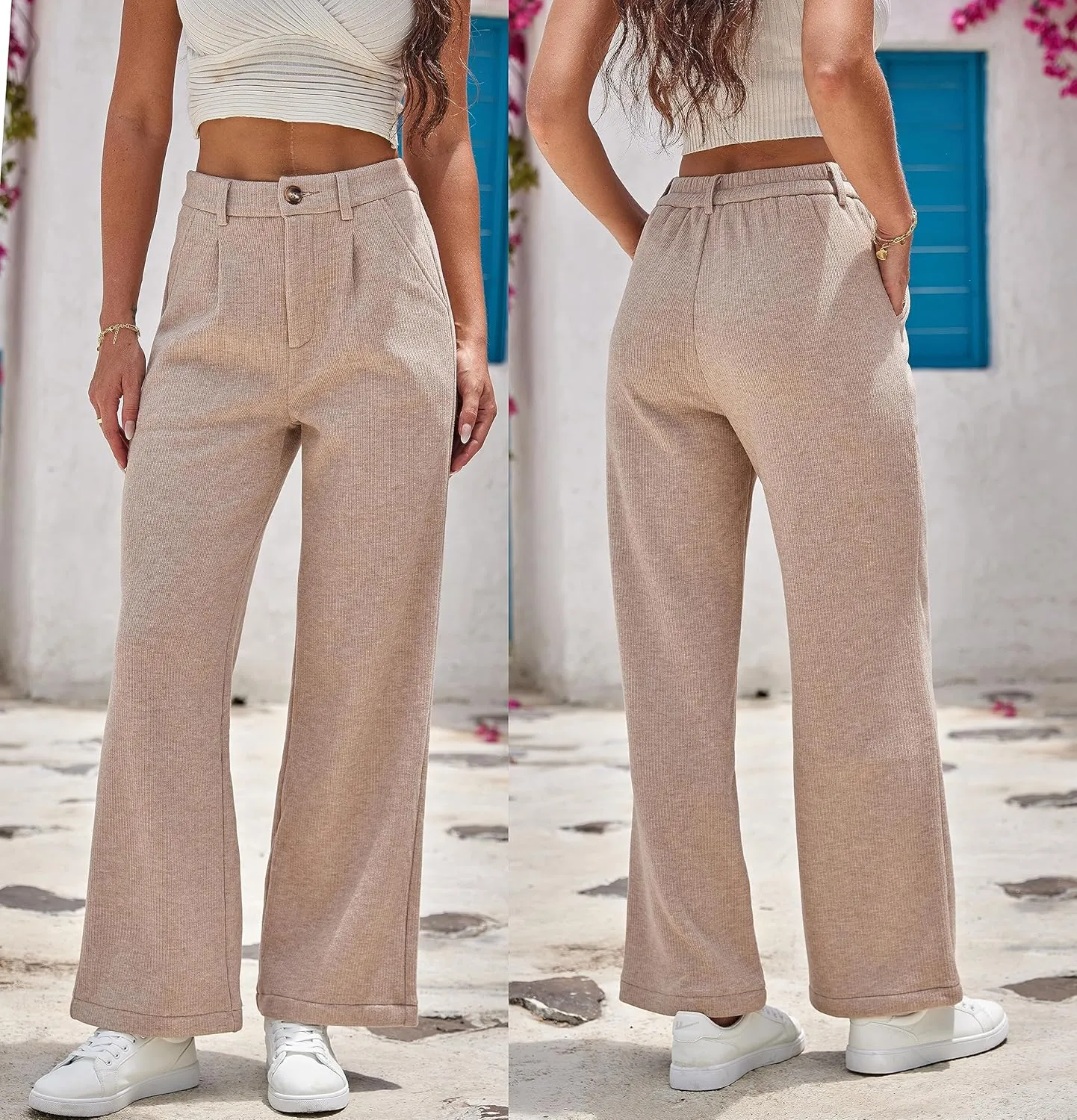 Yehopere Women's Fleece Sherpa Lined Winter Thermal Cashmere Kintted Wide Leg Dressy Warm Pants