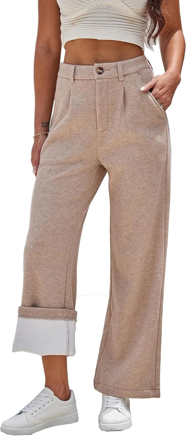 Yehopere Women's Fleece Sherpa Lined Winter Thermal Cashmere Kintted Wide Leg Dressy Warm Pants