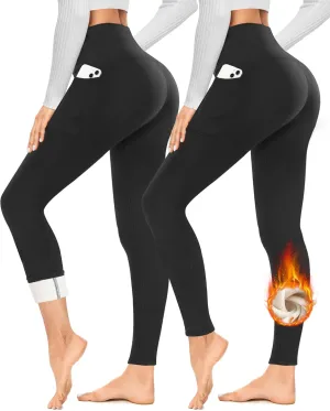 YOLIX 2 Pack Thick Fleece Lined Leggings Women with Pockets, Winter Black High Waisted Thermal Warm Yoga Pants