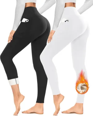 YOLIX 2 Pack Thick Fleece Lined Leggings Women with Pockets, Winter Black High Waisted Thermal Warm Yoga Pants