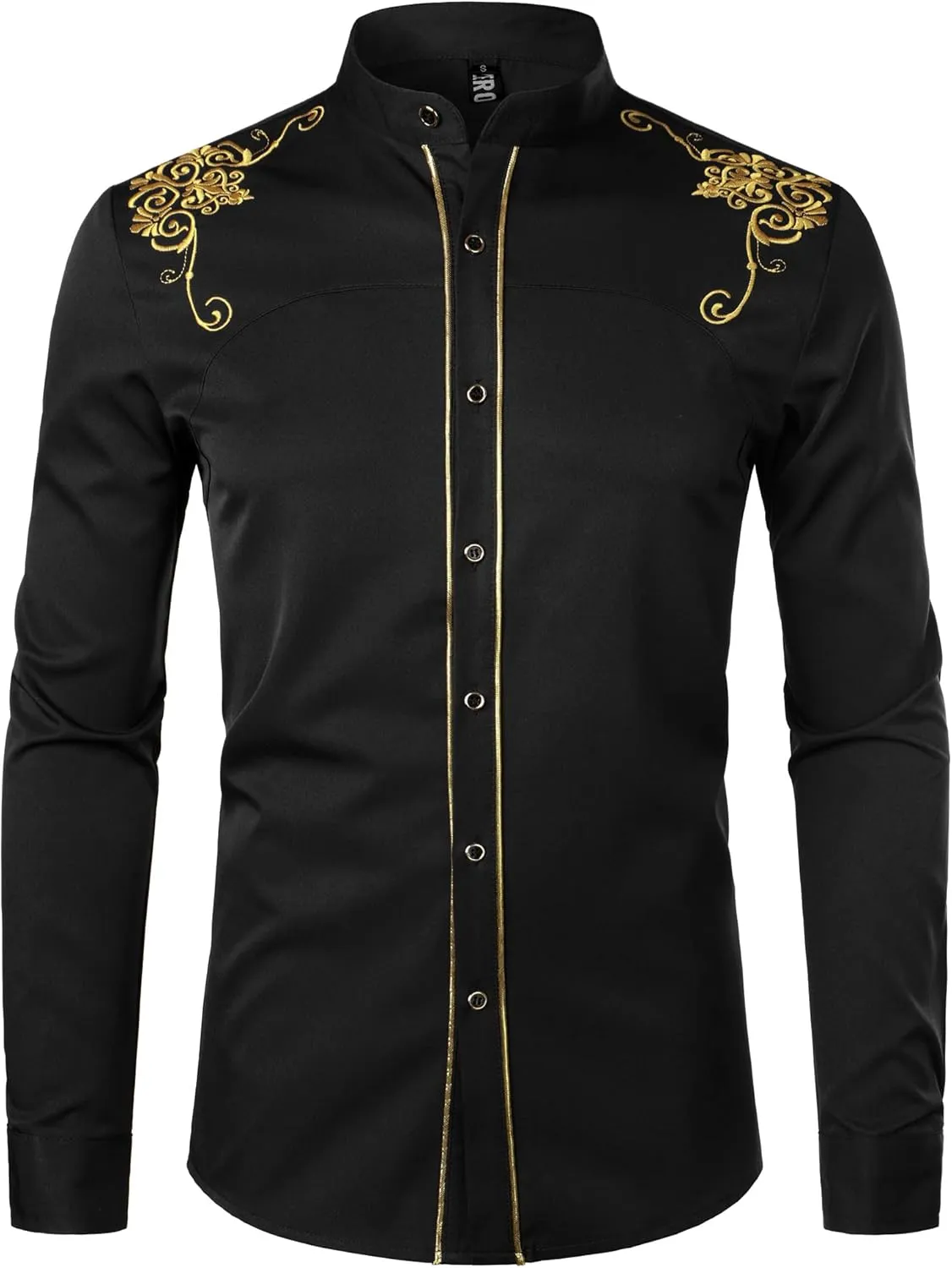 ZEROYAA Men's Luxury Gold Embroidery Design Slim Fit Long Sleeve Button Up Dress Shirts
