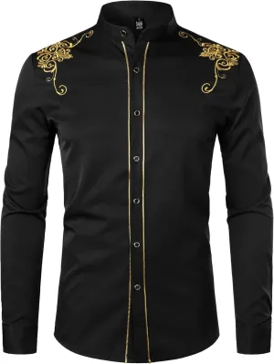 ZEROYAA Men's Luxury Gold Embroidery Design Slim Fit Long Sleeve Button Up Dress Shirts