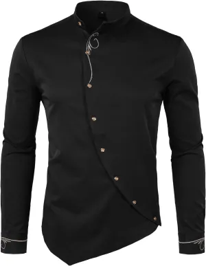 ZEROYAA Men's Luxury Gold Embroidery Design Slim Fit Long Sleeve Button Up Dress Shirts
