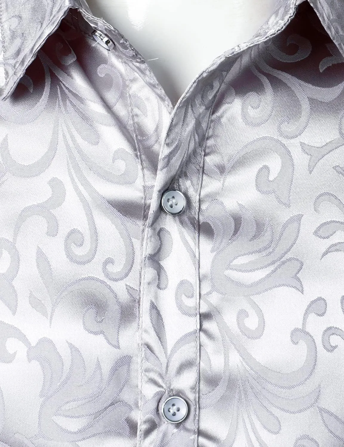 ZEROYAA Men's Luxury Jacquard Long Sleeve Dress Shirt Shiny Satin Slik Like Wedding Party Prom Shirts