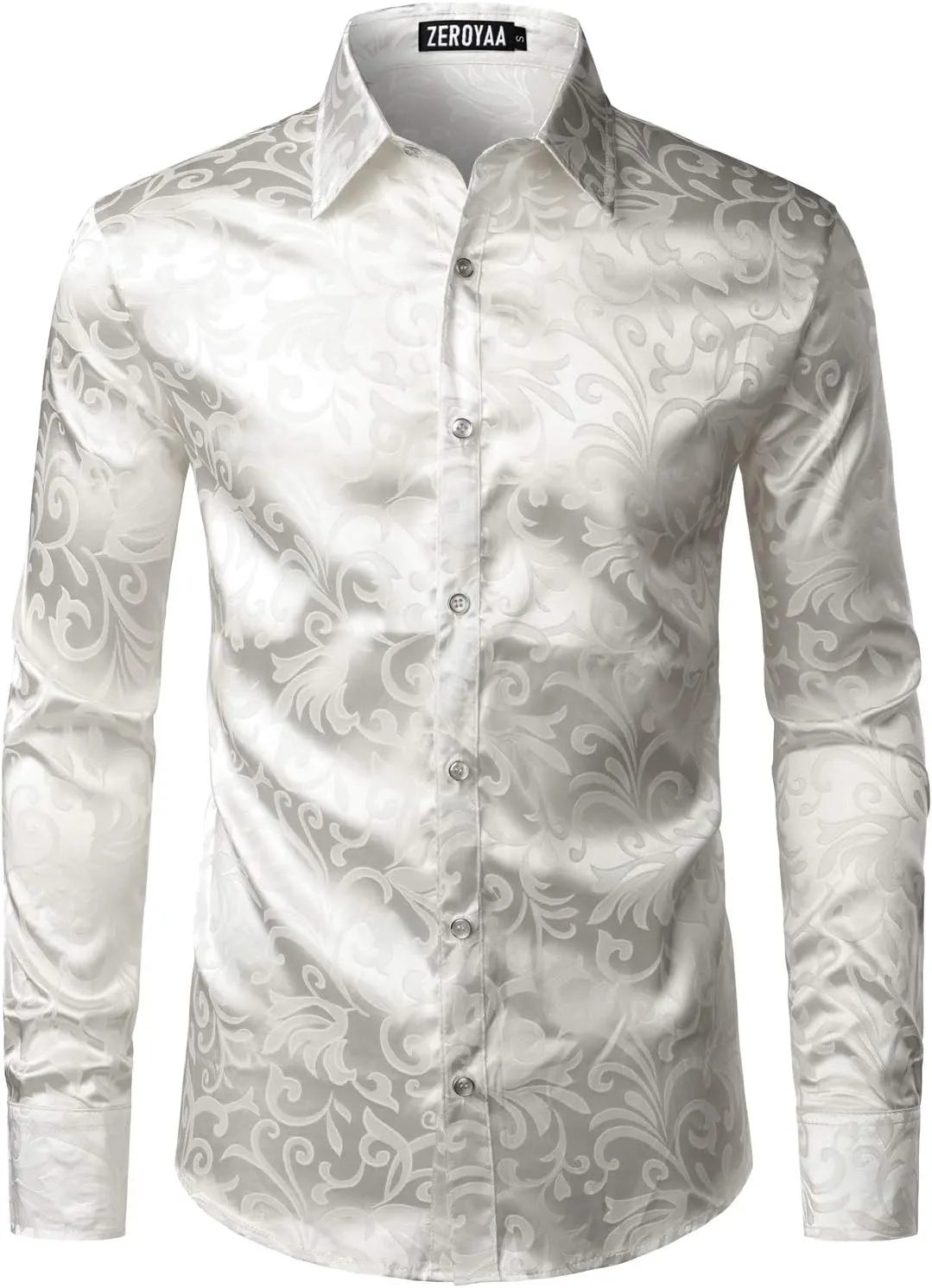 ZEROYAA Men's Luxury Jacquard Long Sleeve Dress Shirt Shiny Satin Slik Like Wedding Party Prom Shirts