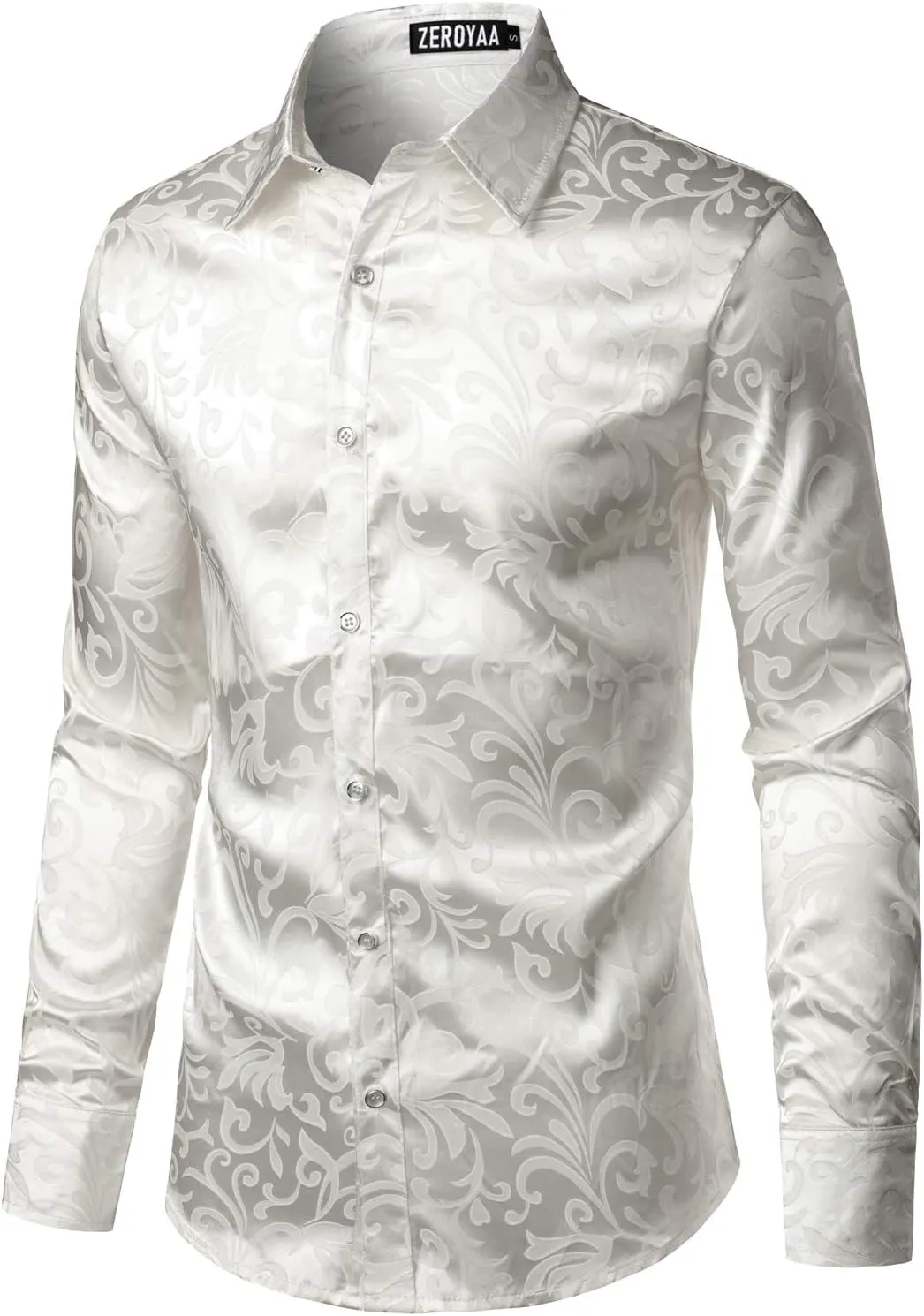 ZEROYAA Men's Luxury Jacquard Long Sleeve Dress Shirt Shiny Satin Slik Like Wedding Party Prom Shirts