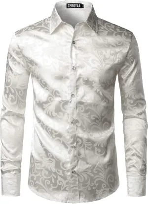 ZEROYAA Men's Luxury Jacquard Long Sleeve Dress Shirt Shiny Satin Slik Like Wedding Party Prom Shirts