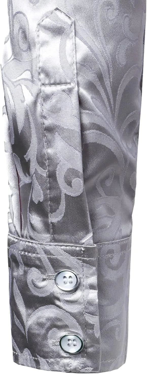 ZEROYAA Men's Luxury Jacquard Long Sleeve Dress Shirt Shiny Satin Slik Like Wedding Party Prom Shirts