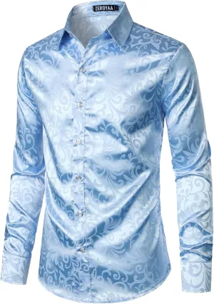 ZEROYAA Men's Luxury Jacquard Long Sleeve Dress Shirt Shiny Satin Slik Like Wedding Party Prom Shirts