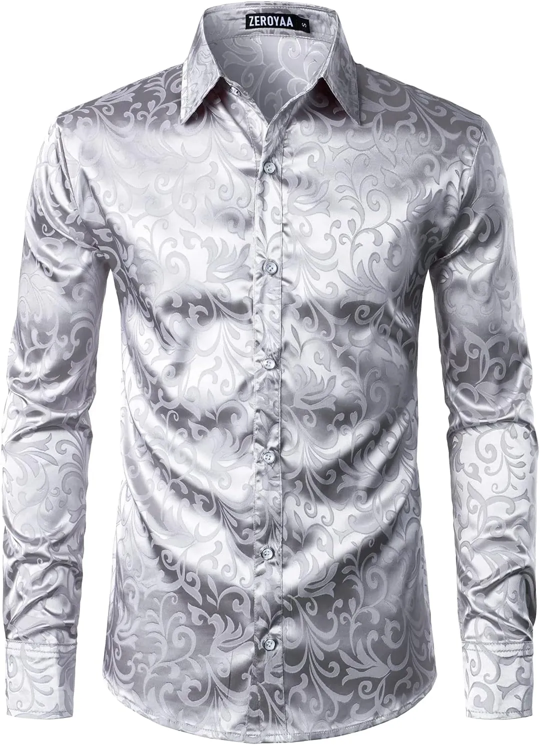 ZEROYAA Men's Luxury Jacquard Long Sleeve Dress Shirt Shiny Satin Slik Like Wedding Party Prom Shirts