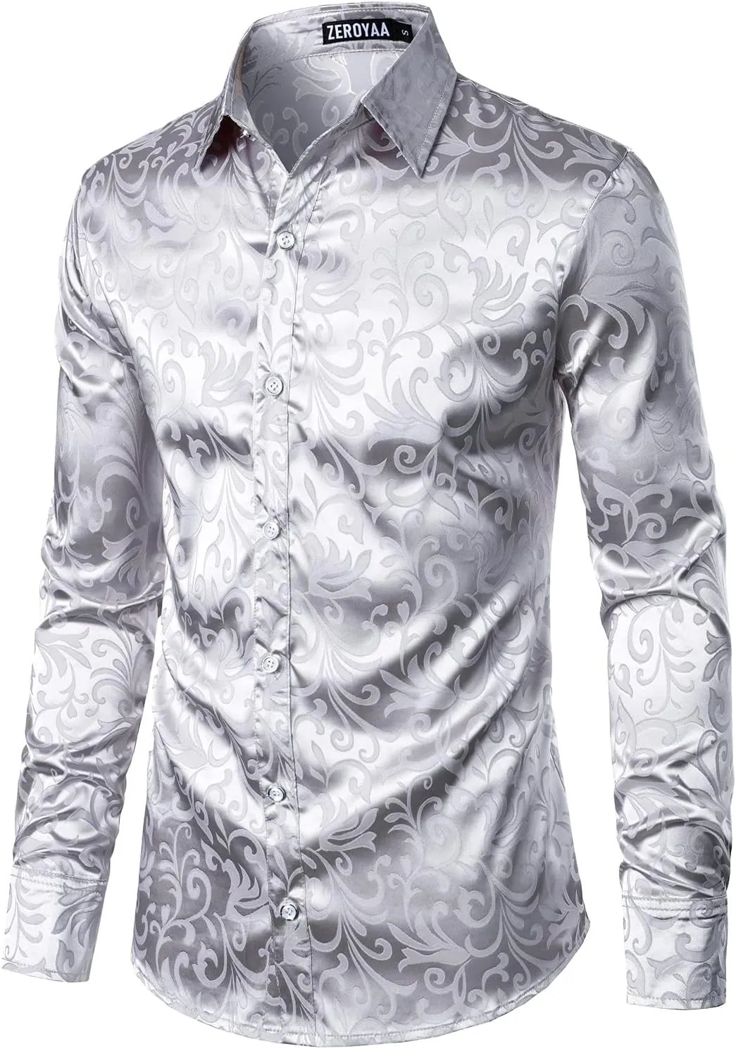 ZEROYAA Men's Luxury Jacquard Long Sleeve Dress Shirt Shiny Satin Slik Like Wedding Party Prom Shirts