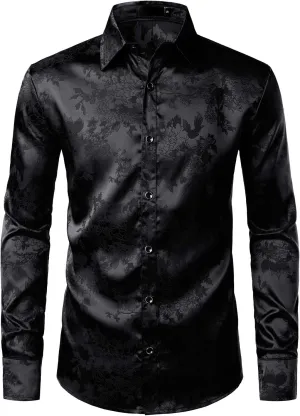ZEROYAA Men's Shiny Satin Rose Floral Jacquard Long Sleeve Button Up Dress Shirts for Party Prom