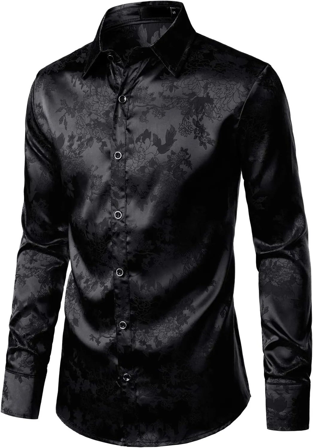 ZEROYAA Men's Shiny Satin Rose Floral Jacquard Long Sleeve Button Up Dress Shirts for Party Prom