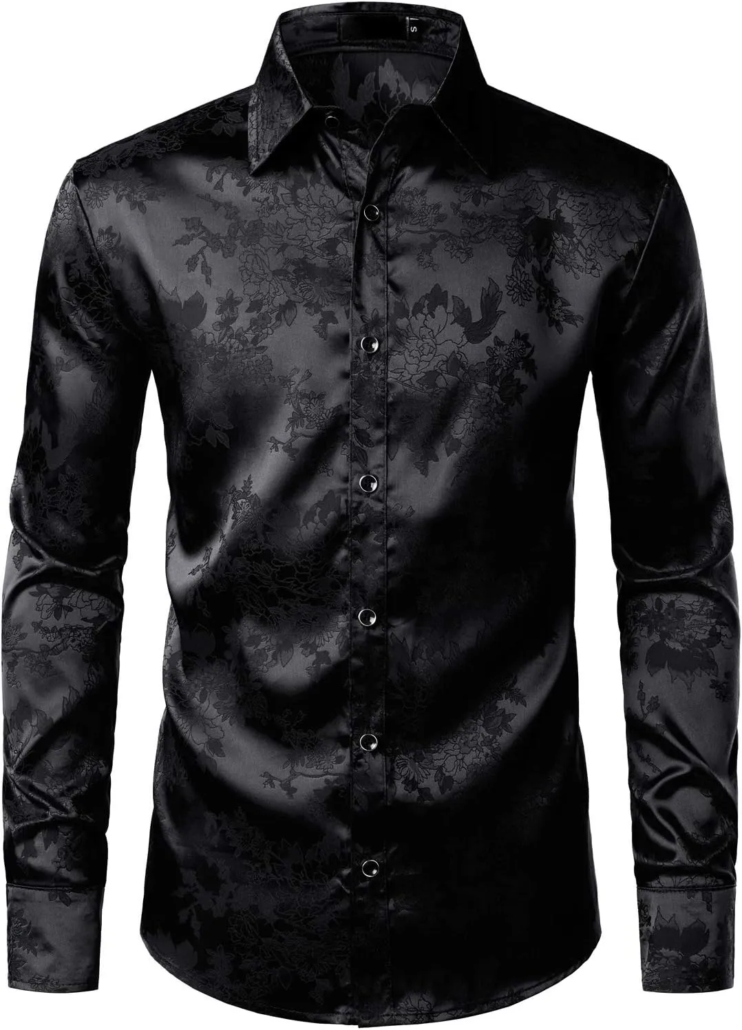 ZEROYAA Men's Shiny Satin Rose Floral Jacquard Long Sleeve Button Up Dress Shirts for Party Prom