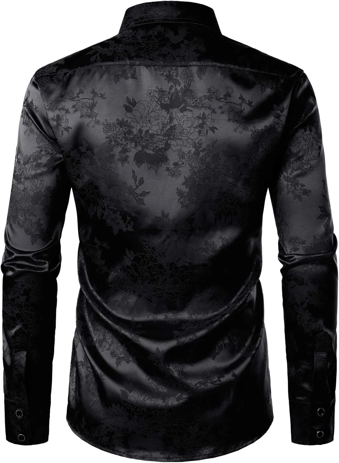 ZEROYAA Men's Shiny Satin Rose Floral Jacquard Long Sleeve Button Up Dress Shirts for Party Prom