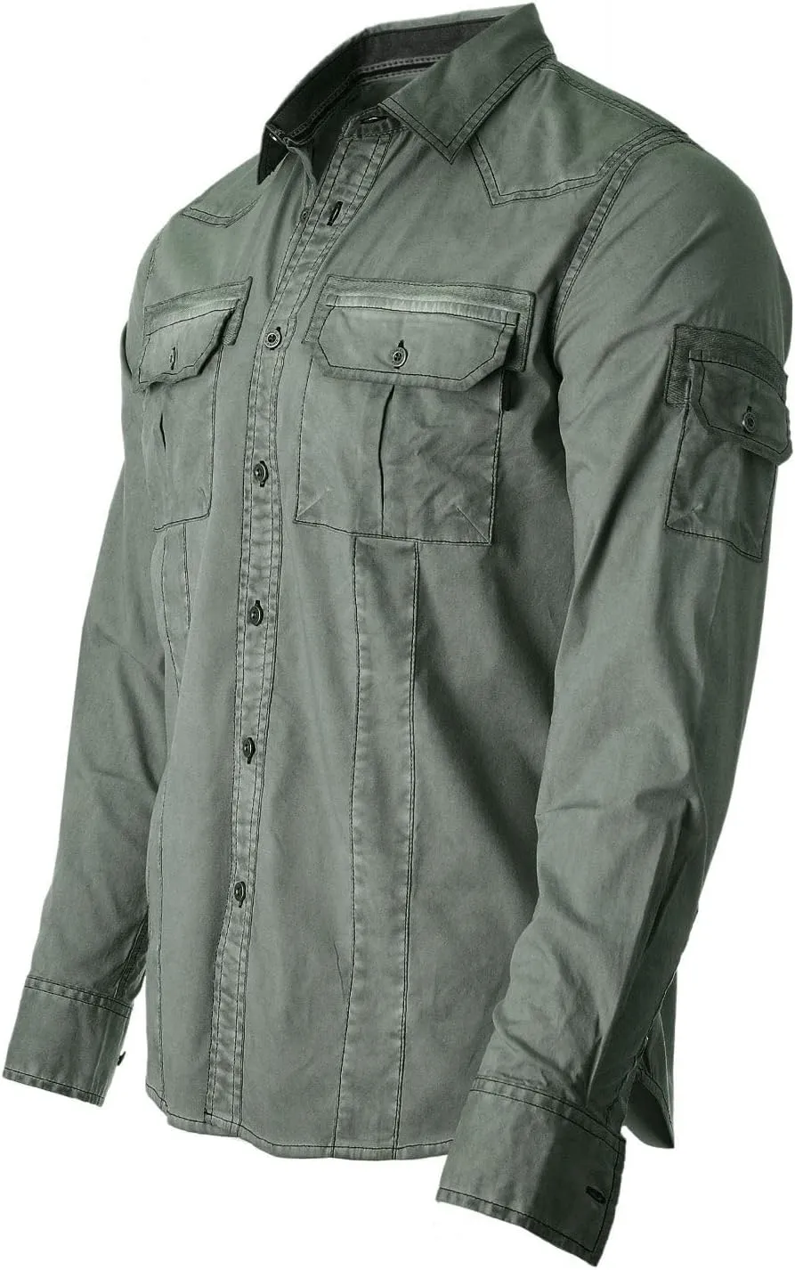ZIMEGO Mens Military Shirt - Long Sleeve Stretch Casual Button Down for Men